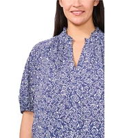 CeCe Plus Size Woven Printed Split Round Ruffle Neckline Short Puff Sleeve Blouse