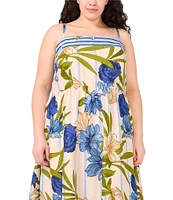 CeCe Plus Size Woven Floral Printed Square Neck Sleeveless Midi Dress