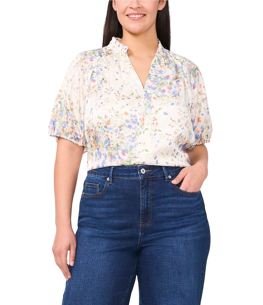 CeCe Plus Size Woven Split Round Ruffle Neck Short Puff Sleeve Blouse