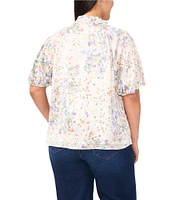 CeCe Plus Size Woven Split Round Ruffle Neck Short Puff Sleeve Blouse