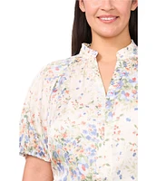 CeCe Plus Size Woven Split Round Ruffle Neck Short Puff Sleeve Blouse