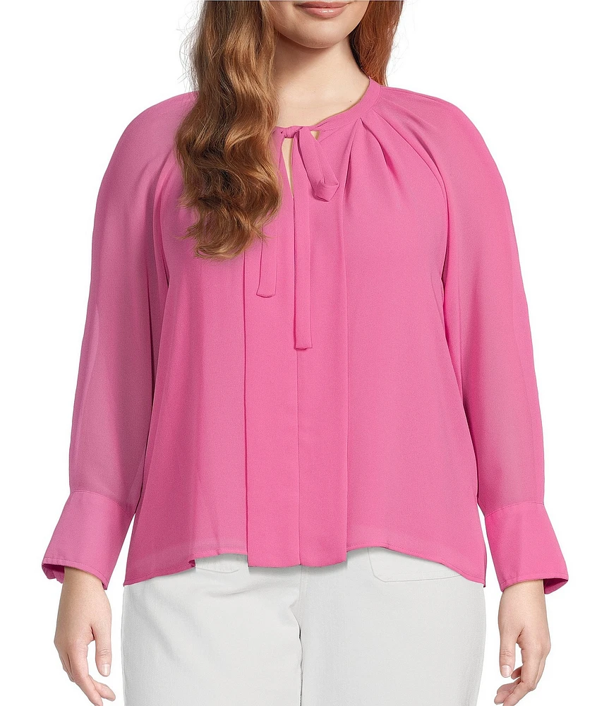 CeCe Plus Size Woven V-Neck Long Sleeve Tie Front Blouse