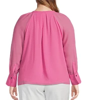 CeCe Plus Size Woven V-Neck Long Sleeve Tie Front Blouse