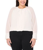 CeCe Plus Size Woven V-Neck Long Sleeve Tie Front Blouse