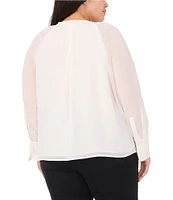 CeCe Plus Size Woven V-Neck Long Sleeve Tie Front Blouse