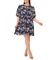 CeCe Plus Size Woven V-Neck Short Puff Sleeve Floral Embroidered Tiered A-Line Dress