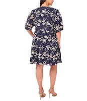 CeCe Plus Size Woven V-Neck Short Puff Sleeve Floral Embroidered Tiered A-Line Dress