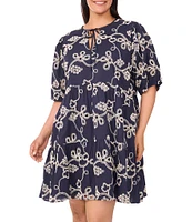 CeCe Plus Size Woven V-Neck Short Puff Sleeve Floral Embroidered Tiered A-Line Dress