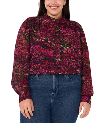 CeCe Plus Size Woven Yoryu Ditsy Floral Print Split V-Neck Collar Long Sleeve Hidden Button Front Blouse