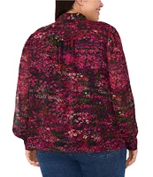 CeCe Plus Size Woven Yoryu Ditsy Floral Print Split V-Neck Collar Long Sleeve Hidden Button Front Blouse