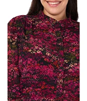 CeCe Plus Size Woven Yoryu Ditsy Floral Print Split V-Neck Collar Long Sleeve Hidden Button Front Blouse