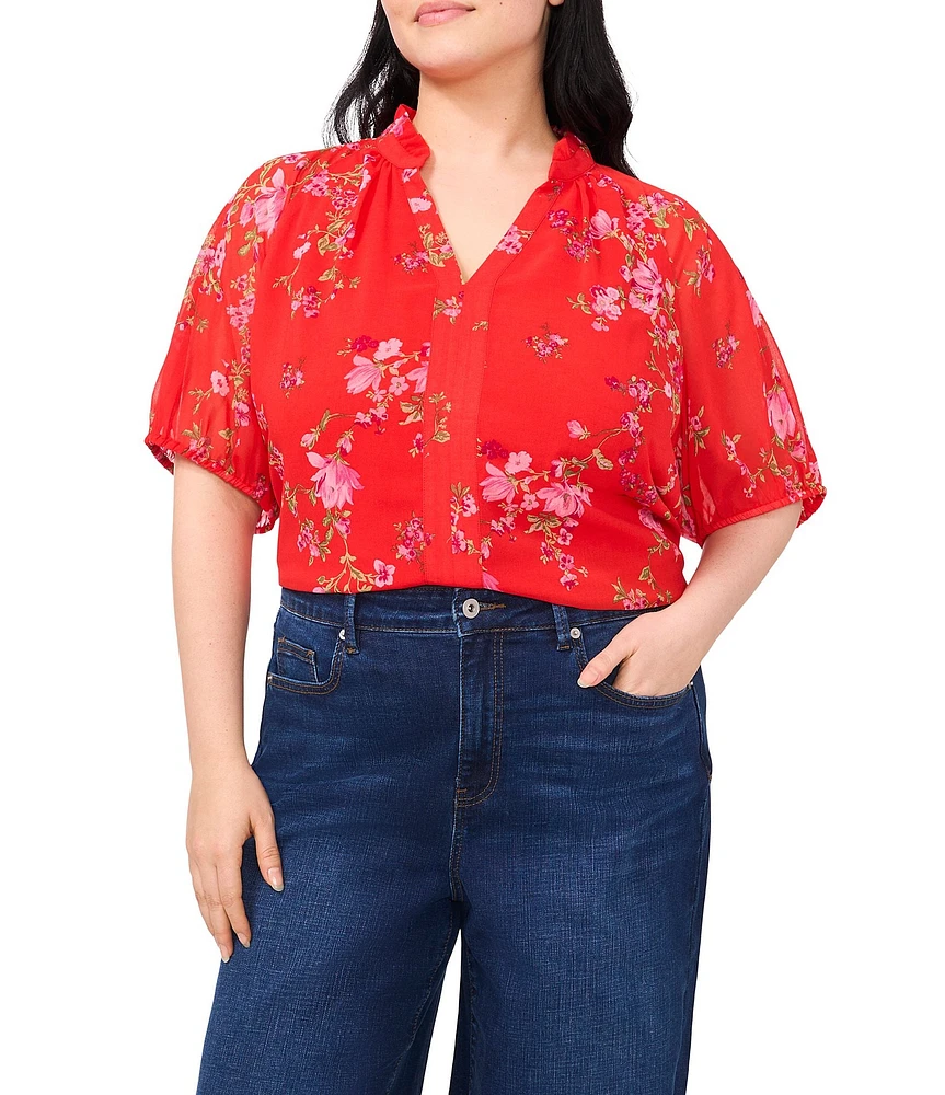 CeCe Plus Woven Floral Print V-Neck Short Sleeve Blouse