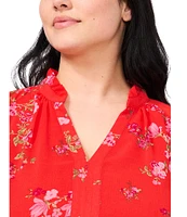 CeCe Plus Woven Floral Print V-Neck Short Sleeve Blouse