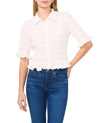 CeCe Point Collar 3/4 Ruffle Sleeve Smocked Button Front Shirt