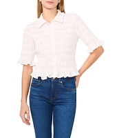 CeCe Point Collar 3/4 Ruffle Sleeve Smocked Button Front Shirt