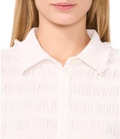CeCe Point Collar 3/4 Ruffle Sleeve Smocked Button Front Shirt