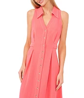 CeCe Point Collar Sleeveless Button Front Crepe Midi Shirt Dress