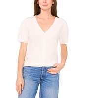 CeCe Pointelle Knit V-Neck Short Puff Sleeve Cardigan