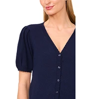 CeCe Pointelle Knit V-Neck Short Puff Sleeve Cardigan