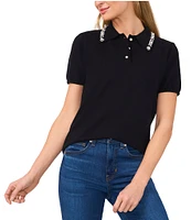 CeCe Polo Collar Short Sleeve Embellished Sweater