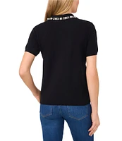 CeCe Polo Collar Short Sleeve Embellished Sweater