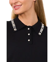 CeCe Polo Collar Short Sleeve Embellished Sweater