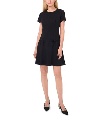 CeCe Ponte Crew Neck Short Sleeve Bow Fit and Flare Mini Dress