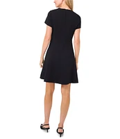 CeCe Ponte Crew Neck Short Sleeve Bow Fit and Flare Mini Dress