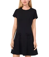 CeCe Ponte Crew Neck Short Sleeve Bow Fit and Flare Mini Dress