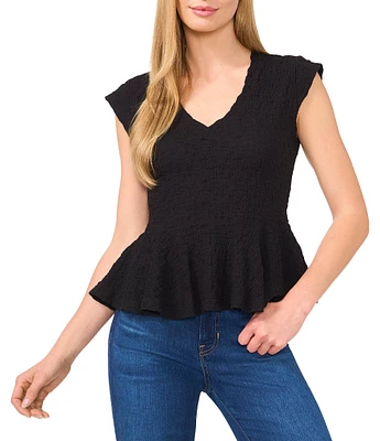 CeCe Puckered Knit V-Neck Cap Sleeve Peplum Top
