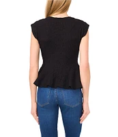 CeCe Puckered Knit V-Neck Cap Sleeve Peplum Top