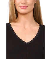 CeCe Ribbed Knit V-Neck Sleeveless Lace Trim Tank