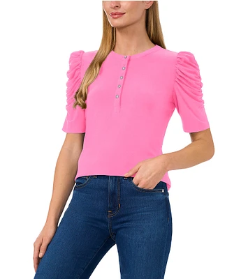 CeCe Round Neck 3/4 Puff Sleeve Button Front Blouse