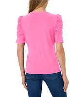 CeCe Round Neck 3/4 Puff Sleeve Button Front Blouse