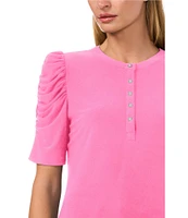 CeCe Round Neck 3/4 Puff Sleeve Button Front Blouse