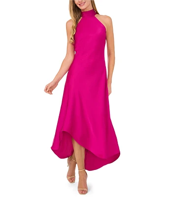 CeCe Satin Draped Halter Neck Tie Back Sleeveless Mermaid Midi Dress