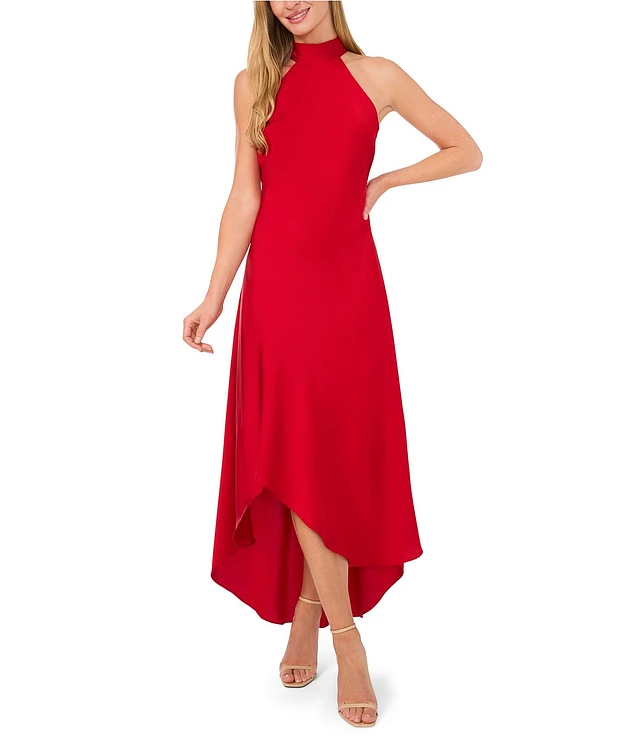 CeCe Satin Draped Halter Neck Tie Back Sleeveless Mermaid Midi Dress |  Liberty Center