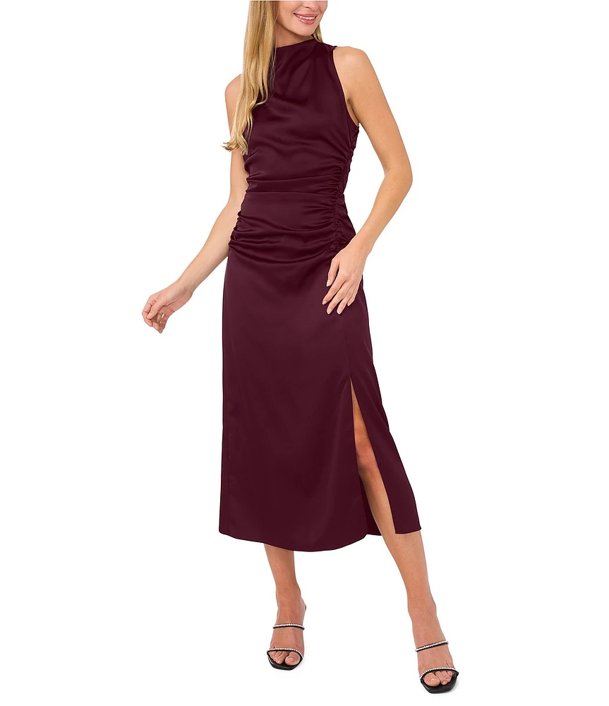 CeCe Satin Mock Neck Sleeveless Drape Sheath Midi Dress