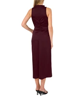 CeCe Satin Mock Neck Sleeveless Drape Sheath Midi Dress