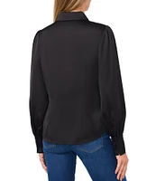 CeCe Satin Rhinestone Button Front Point Collar Long Sleeve Blouse