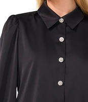 CeCe Satin Rhinestone Button Front Point Collar Long Sleeve Blouse