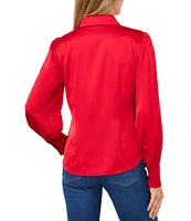 CeCe Satin Rhinestone Button Front Point Collar Long Sleeve Blouse