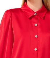 CeCe Satin Rhinestone Button Front Point Collar Long Sleeve Blouse