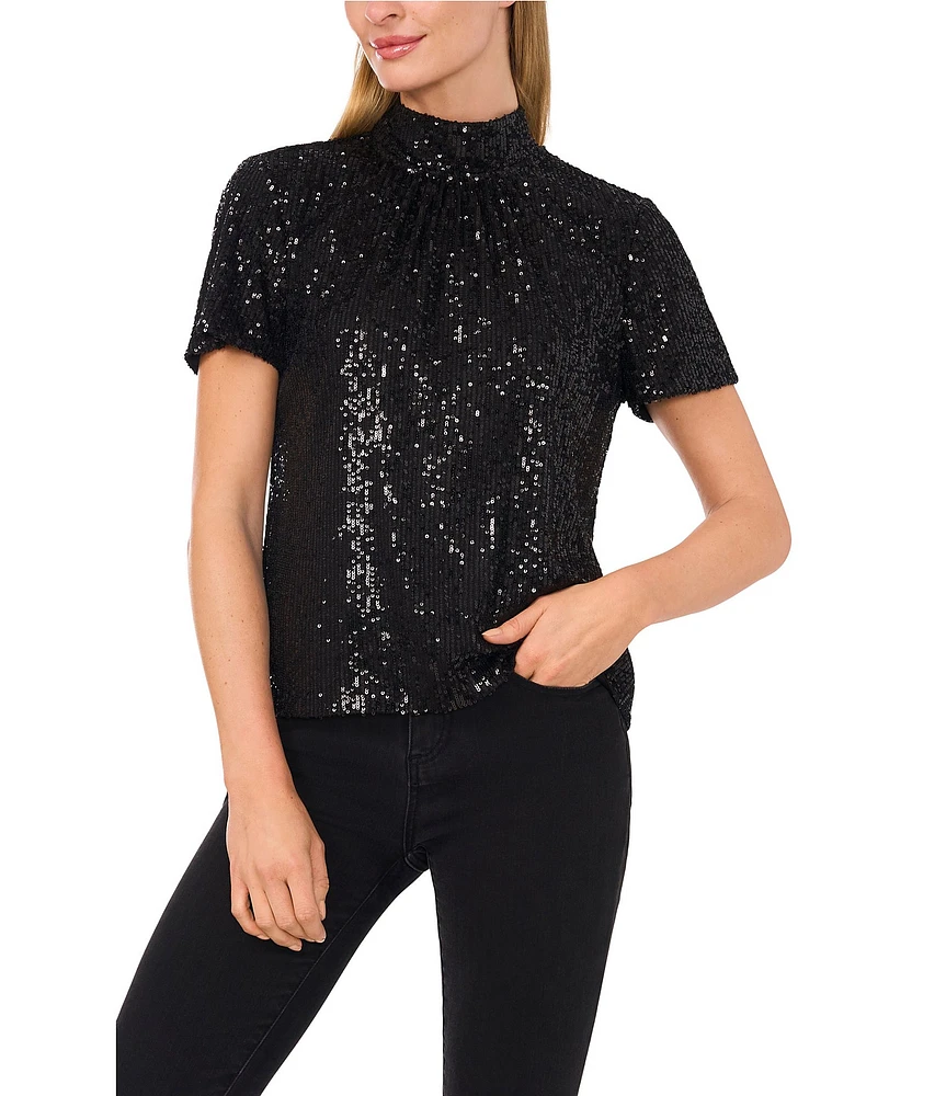 CeCe Sequin Bow Tie Mock Neck Short Sleeve Top