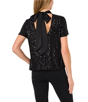 CeCe Sequin Bow Tie Mock Neck Short Sleeve Top