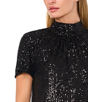 CeCe Sequin Bow Tie Mock Neck Short Sleeve Top