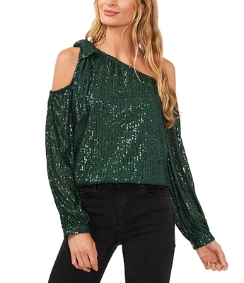 CeCe Sequin Off-The-Shoulder Long Sleeve Bow Blouse