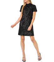 CeCe Sequin Tie-Back Mock Neck Short Sleeve A-Line Dress