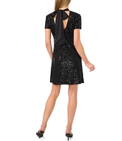 CeCe Sequin Tie-Back Mock Neck Short Sleeve A-Line Dress