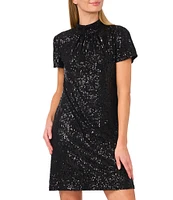 CeCe Sequin Tie-Back Mock Neck Short Sleeve A-Line Dress